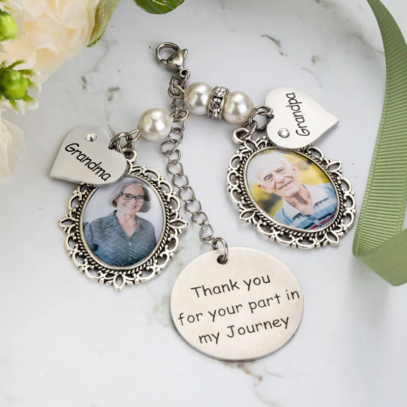 Personalized Lace Oval Photo Bouquet Charm with Heart Engraved Pendant Memorial Wedding Gift for Bride