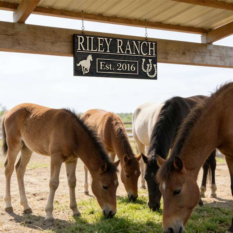 Personalized Horse Ranch Wooden Sign Custom Farm Name Sign with Horse and Horseshoe Decor for Farmhouse and Equestrian
