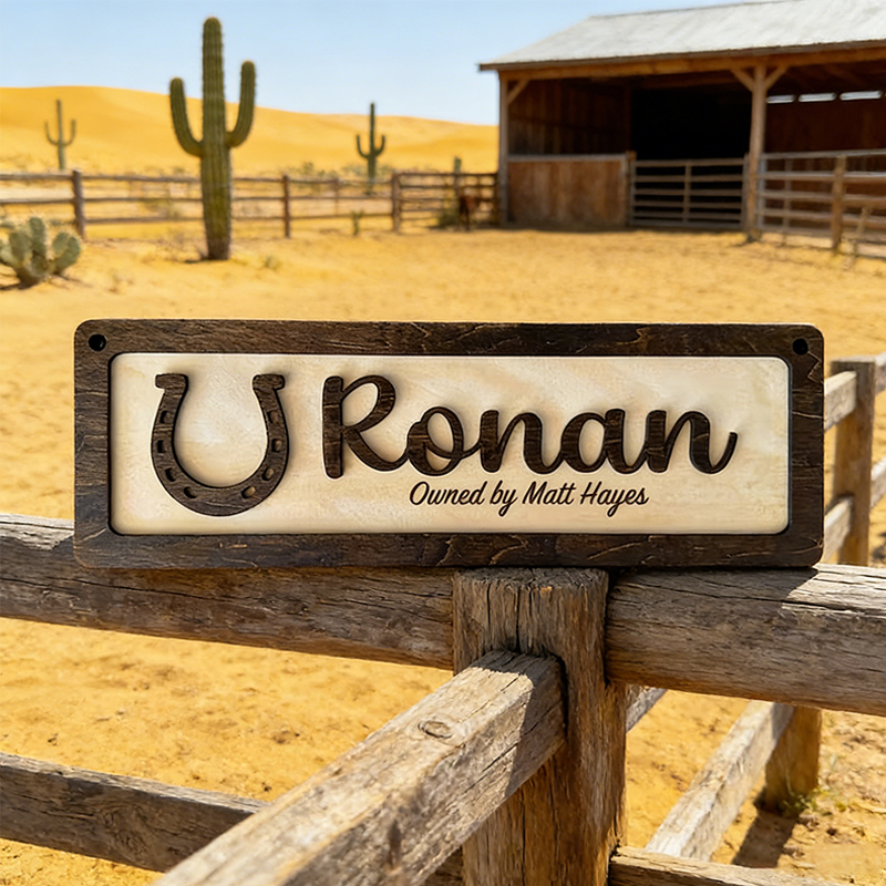 Personalized Horse Stall Name Sign Custom Wooden Stable Sign with Horseshoe and Horse Head for Equestrian Lovers