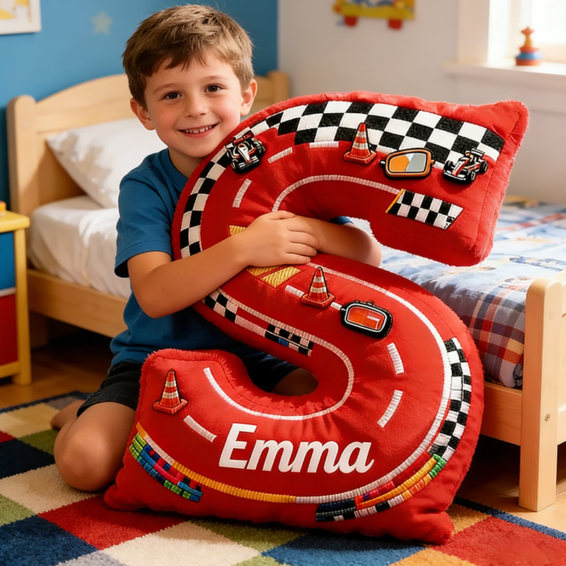 Personalized Red Racing Letter Pillow Custom Name Race Track Cushion for Boys and Girls