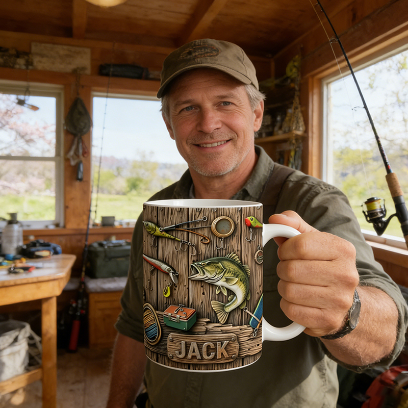 Personalized Fishing Mug Custom Wood Texture Lure Theme Ceramic Cup for Anglers  