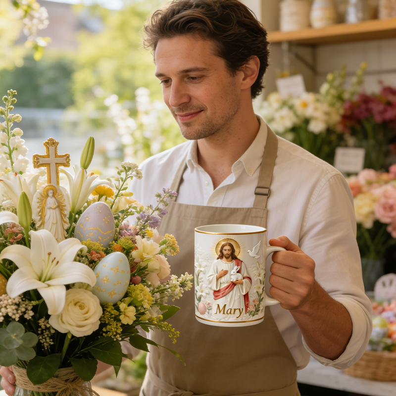 Personalized Jesus and Bunny Christian Easter Mug with Lily Floral Design Custom Name Gift for Religious Gift