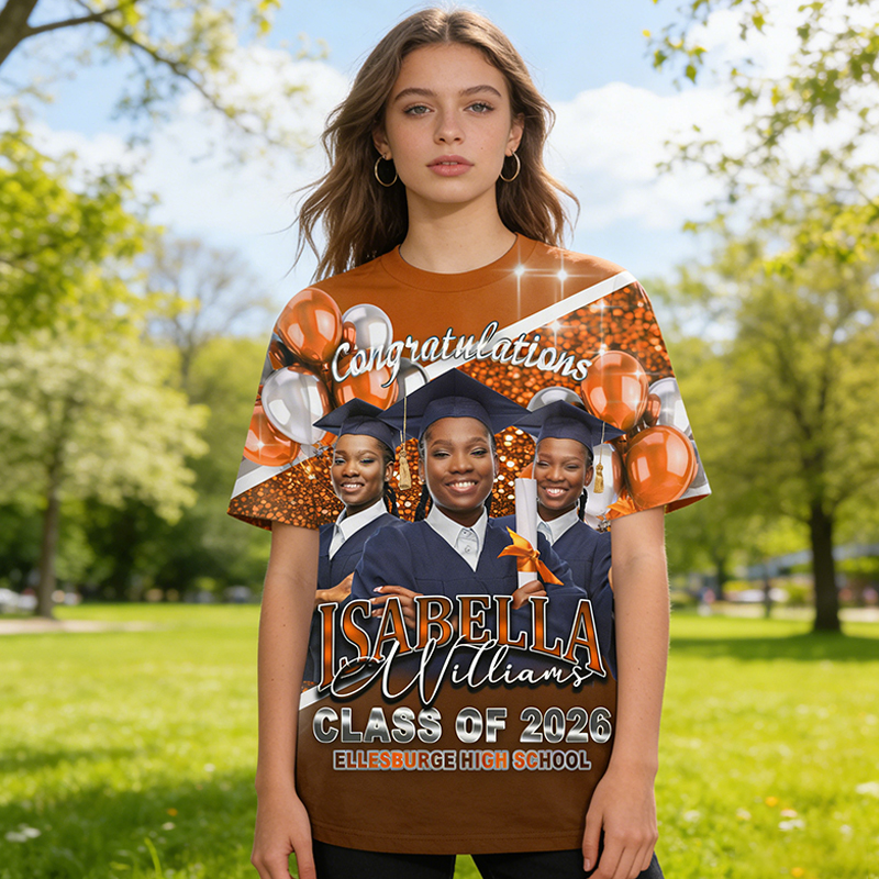 Personalized All Over Print Congratulations Grad Photo T-Shirt Custom School Name and Graduate Name Class of 2026 Shirt
