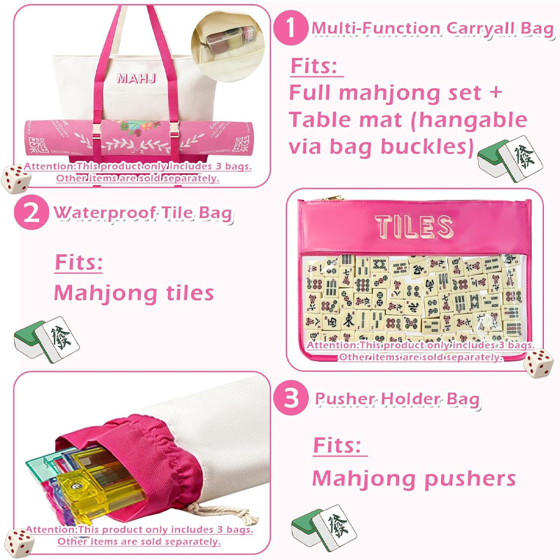 3 Pcs Empty Mahjong Tile Bags with Zipper Set Mahjong Canvas Carrying Tote PVC Bag Nylon Pouch for Women Mahjong Lover Gifts