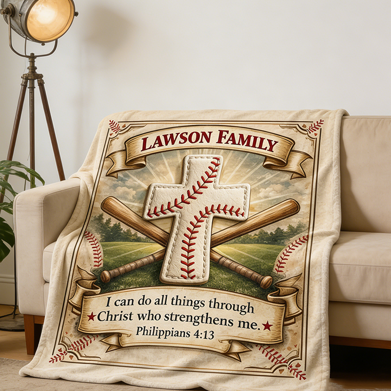 Personalized Baseball Blanket with Family Name and Inspirational Verse for Sports Enthusiasts and Believers Alike