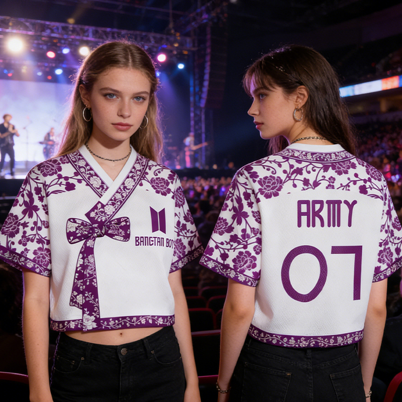 Personalized Bangtan Boys Hanbok Crop Jersey BTS K-Pop Flowery Purple Arirang World Tour Hanbok Style Mixed Mesh Jersey Gift For Army