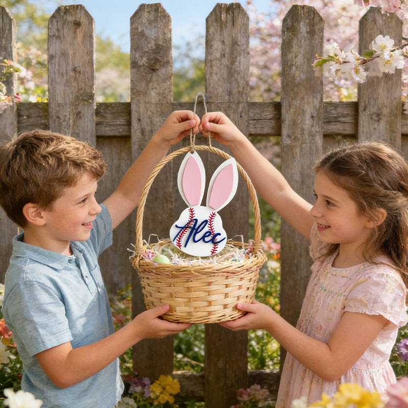 Personalized Baseball Easter Basket Tag Custom Name Bunny Label Gift for Kids on Easter Day