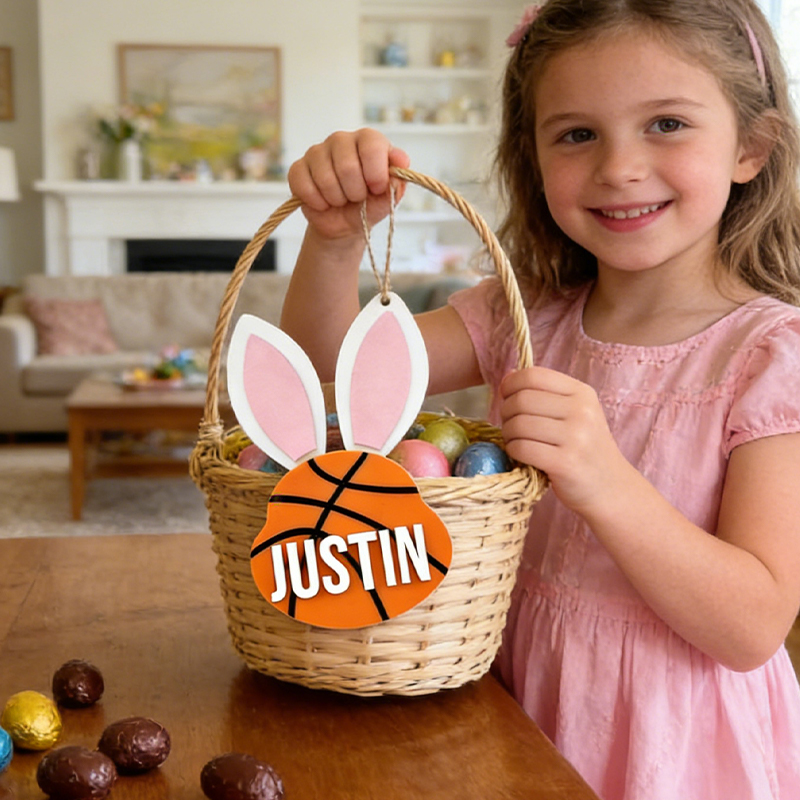 Personalized Basketball Easter Basket Tag Custom Name Bunny Label Gift for Kids on Easter Day