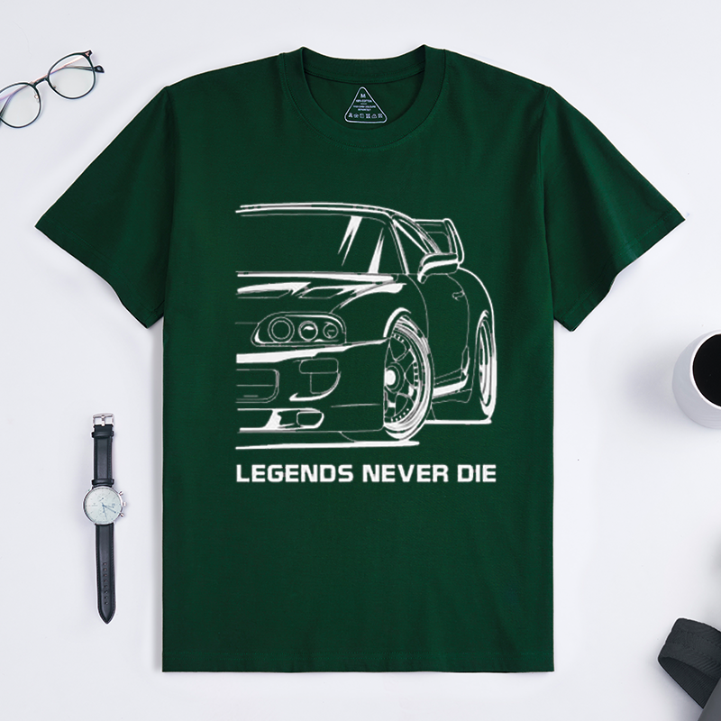 Legends Never Die Classic JDM Sports Car Crew Neck Short Sleeve T-Shirt for Retro Import Car Fans & Automotive Gearheads