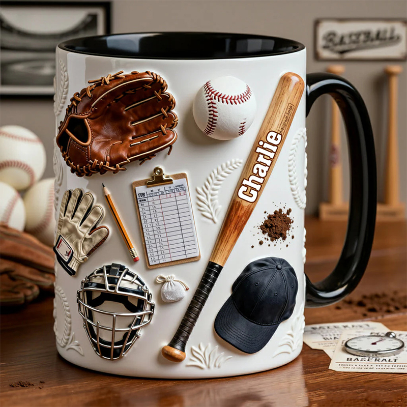 Personalized Baseball Mug with Custom Name and Sports Gear Artwork for Coaches and Baseball Fans