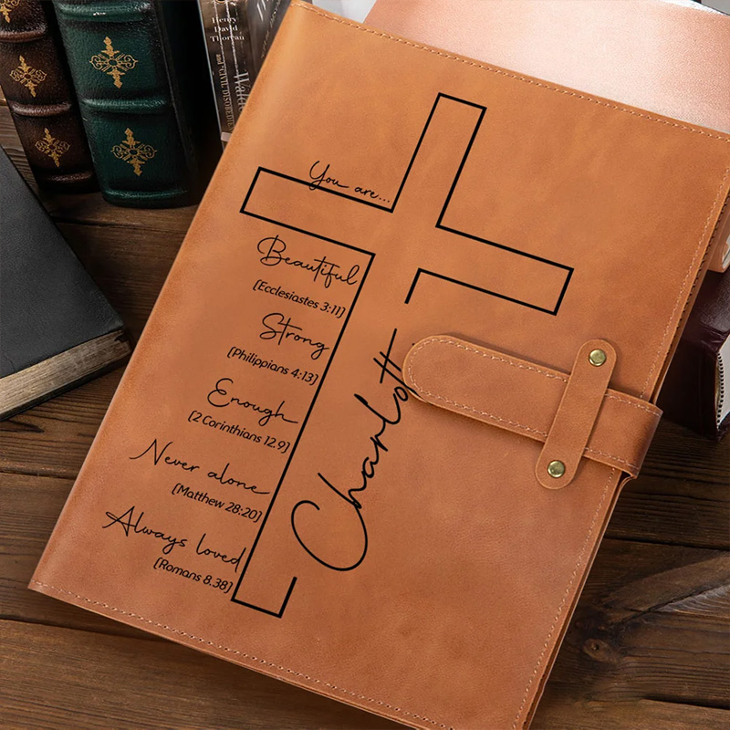 Personalized Cross Bible Verse Portable A5 Leather Notebook Cover with Pocket Birthday Religious Baptism Gift for Family Friends Christians