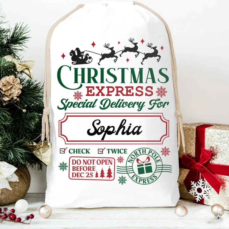 Personalized Christmas Word Cloud Canvas Drawstring Gift Bag with Name Christmas Gift for Friends Family