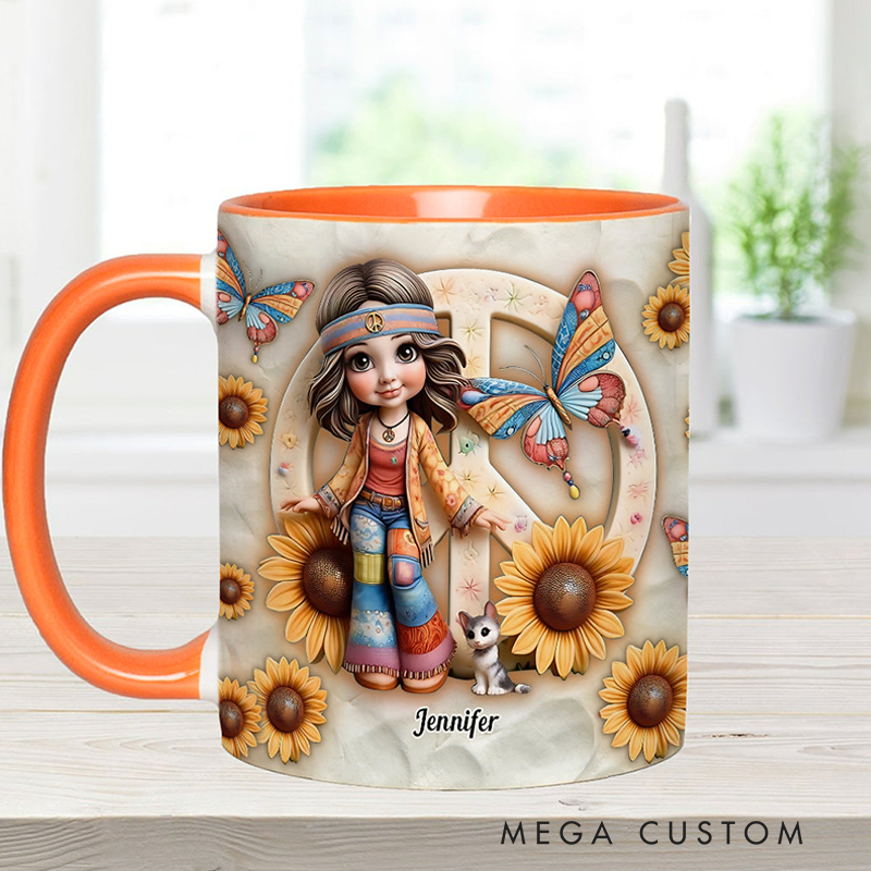 Personalized Hippie Accent Mug Custom Name Hippie Girl Hippie Soul Peace Love Mug for Music Lover Gift