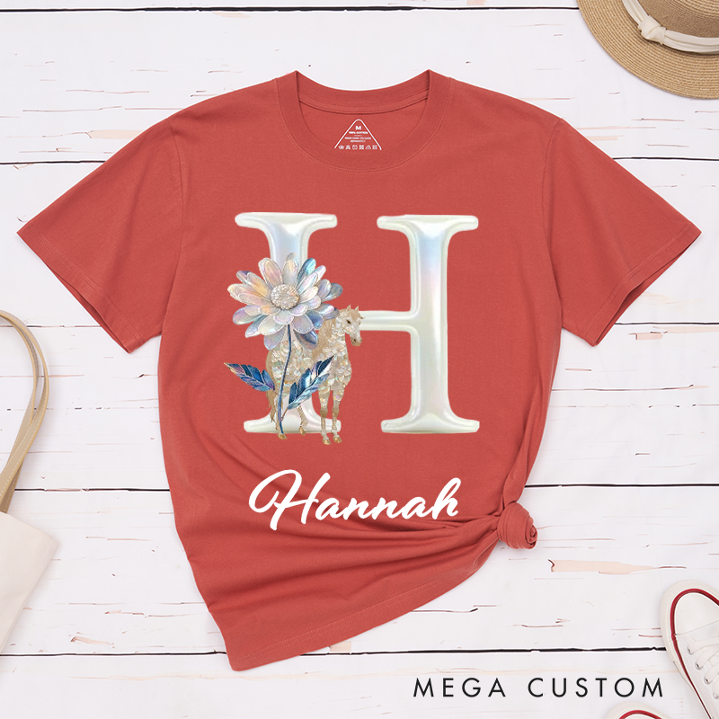 Personalized Horse Riding Birth Flower Initial Name Classic T-shirt for Women for Girls for Horse Lovers Riding Lovers Equestrian Lovers