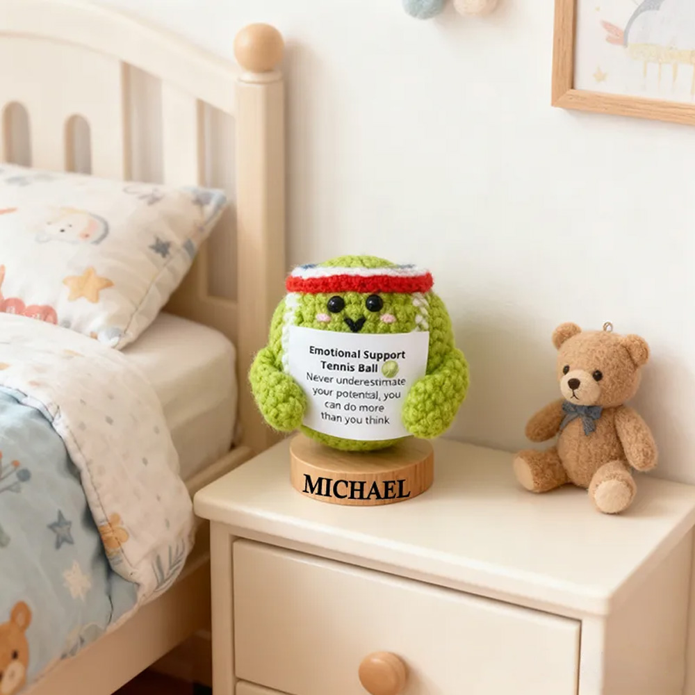 Personalized Crochet Tennis Ball Plush with Motivational Quoteand Custom Name Cheer Up Gifts For Tennis Team Players
