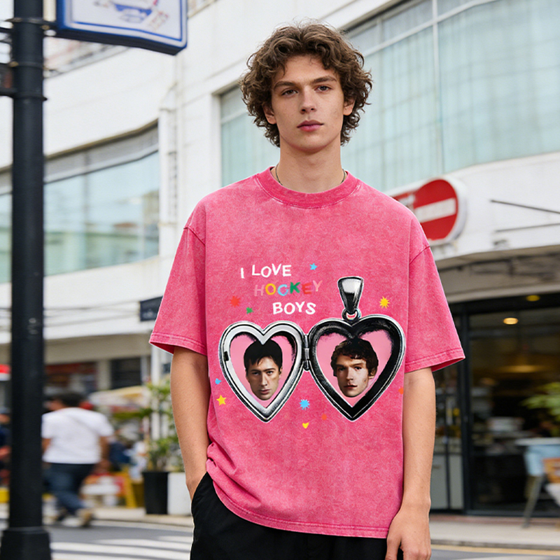 Personalized Hockey Washed T-Shirt with “I Love Hockey Boys” Heart Design for Stylish Hockey Fans