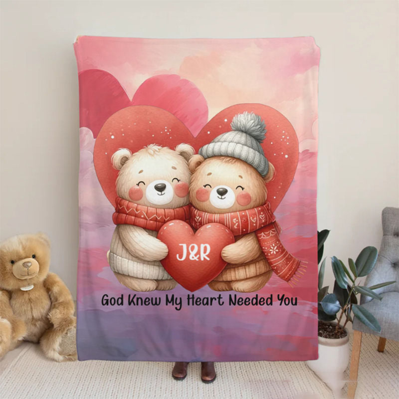Personalized God Knew My Heart Needed You Cartoon Couple Bear in Love Soft Throw Blanket with Intial & Text Home Decor Valentine's Day Gift for Couple