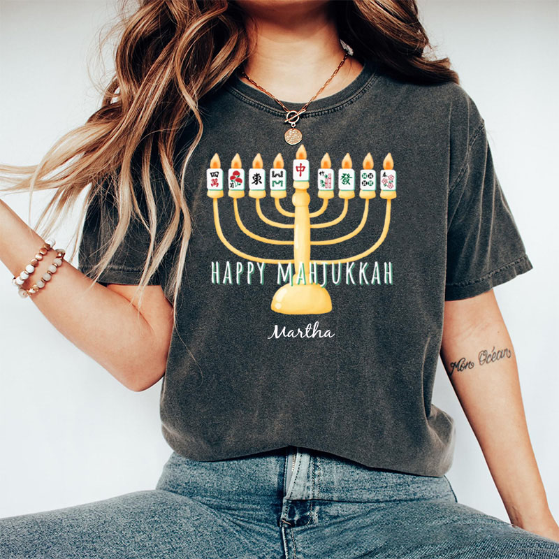 Personalized Hanukkah Mahjong Washed T-Shirt with Name Mahjong Lovers Holiday Shirt Mahj Funny Tee Jewish Holiday Gift Religious Funny Gift