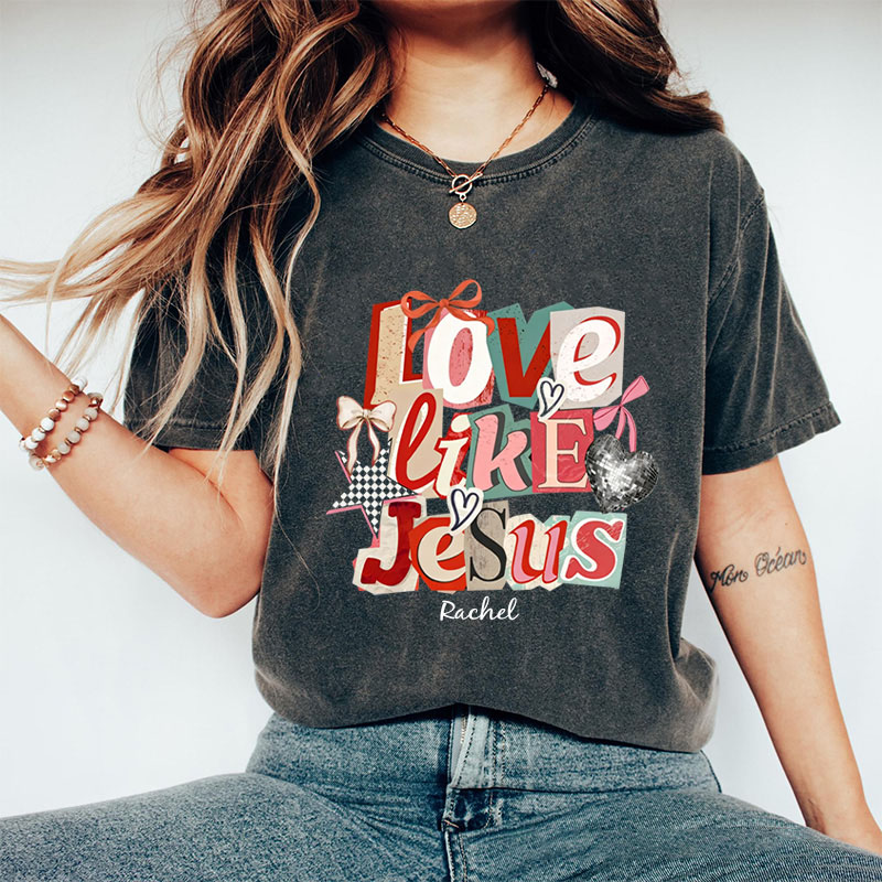 Personalized Love Like Jesus Vintage Washed T-Shirt with Custom Name Preppy Valentine’s Day Checkered Tee Coquette Jesus Shirt Valentine’s Day Gift