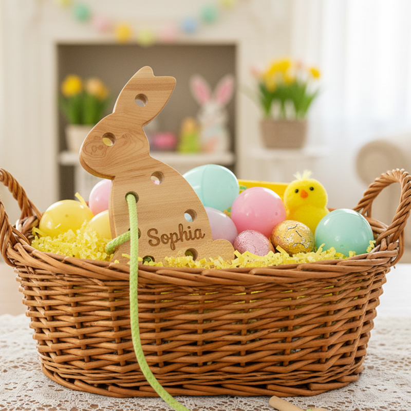 Personalized Easter Lacing Toy for Kids Custom Name Wooden Bunny with Colorful Strings Fun and Educational