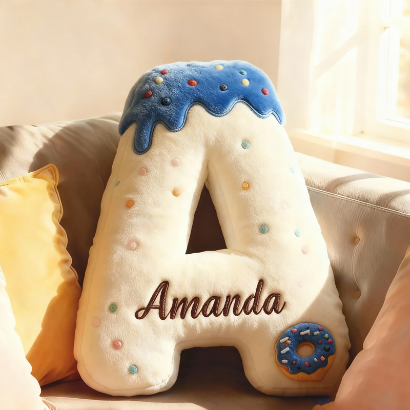 Personalized Blue Donut Alphabet Throw Pillow Graphic 3D Print Donut Letter with Name for Kids Boys Girls Family Baker Christmas Gift 