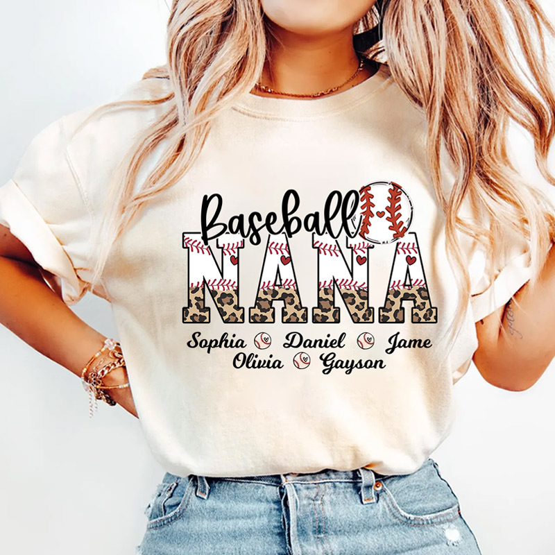 Personalized Leopard Baseball Softball Nana Custom Grandma And Grandkids T-shirt Gift for Mom