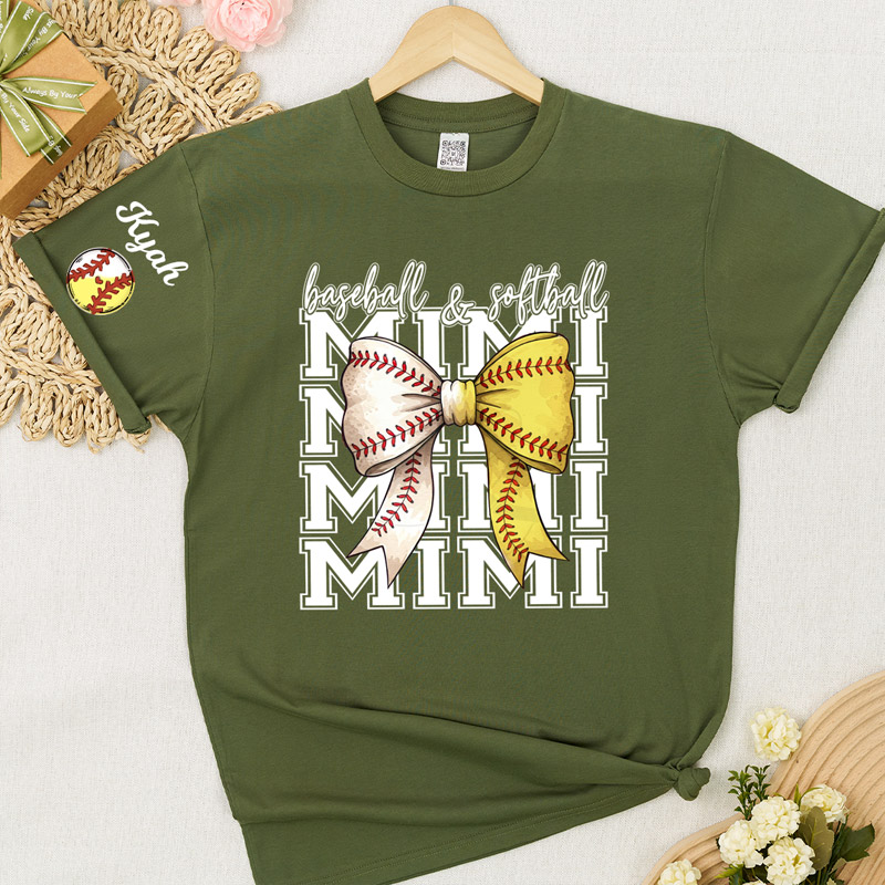 Personalized Bow Tie Baseball Softball Mama T-Shirt Customized with Names Gift for Baseball and Softball Moms and Grandmas