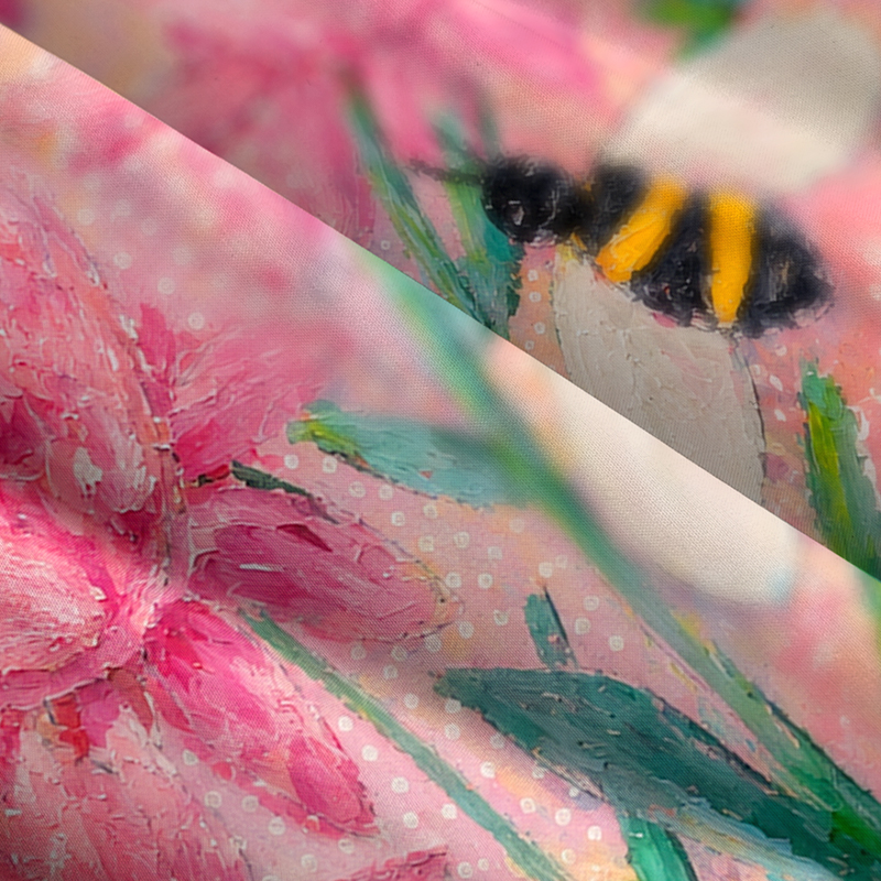 Oil Painting Pink Garden Bee Hand‑Painted Maxi Dress
