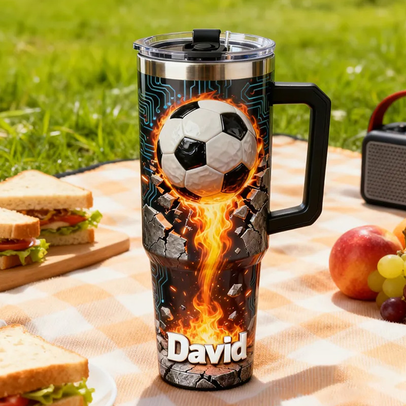 Personalized Soccer Tumbler with Custom Name and Flaming Ball Design for Fans and Athletes