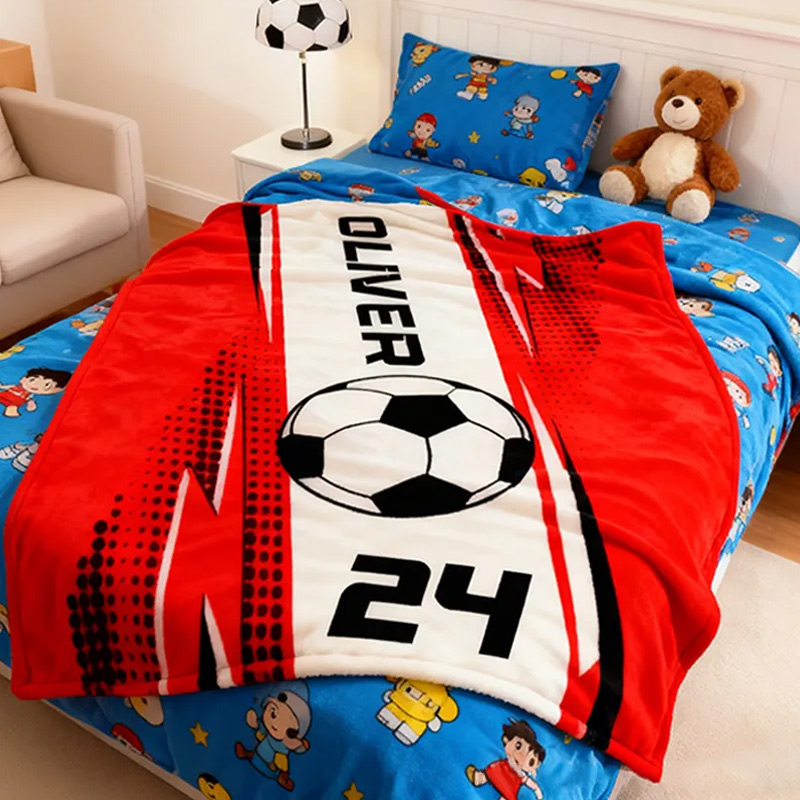 Personalized Soccer Blanket with Custom Name and Jersey Number for Soccer Fans. 