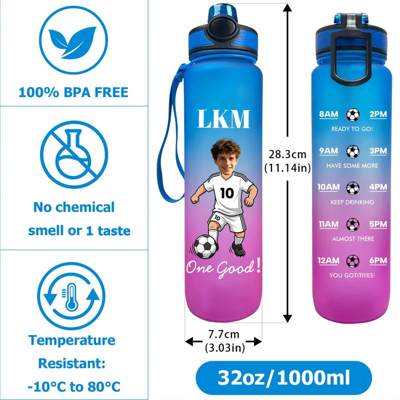 Personalized Cartoon Soccer Character Face Photo 32 oz Water Bottle with Name and Number Birthday Gift for Soccer Fans Lovers