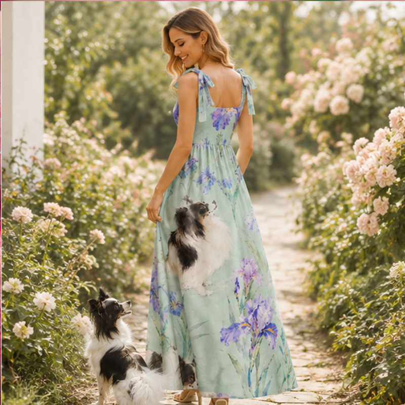 Personalized Floral Maxi Dress Watercolor Print with Custom Birth Flower and Pet Gift for Flowers and Pet Lovers
