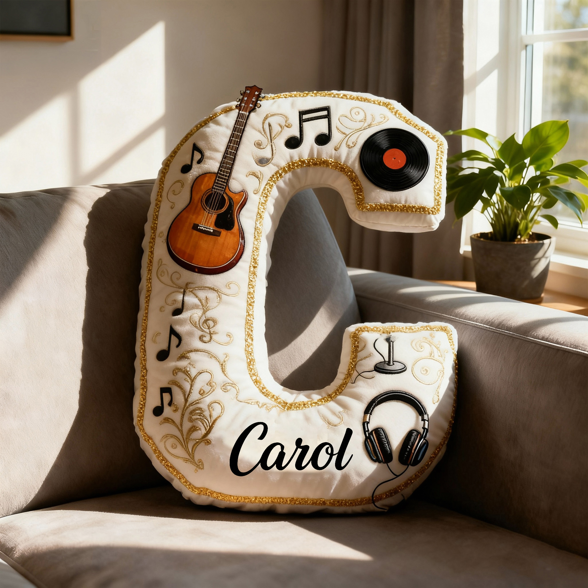 Personalized Graphic 3D Print Vinyl Records and Guitars Pillow With Your Own Name Soft Stuffed Toy for Kids Music Lovers Unique Decorative Cushion for Room