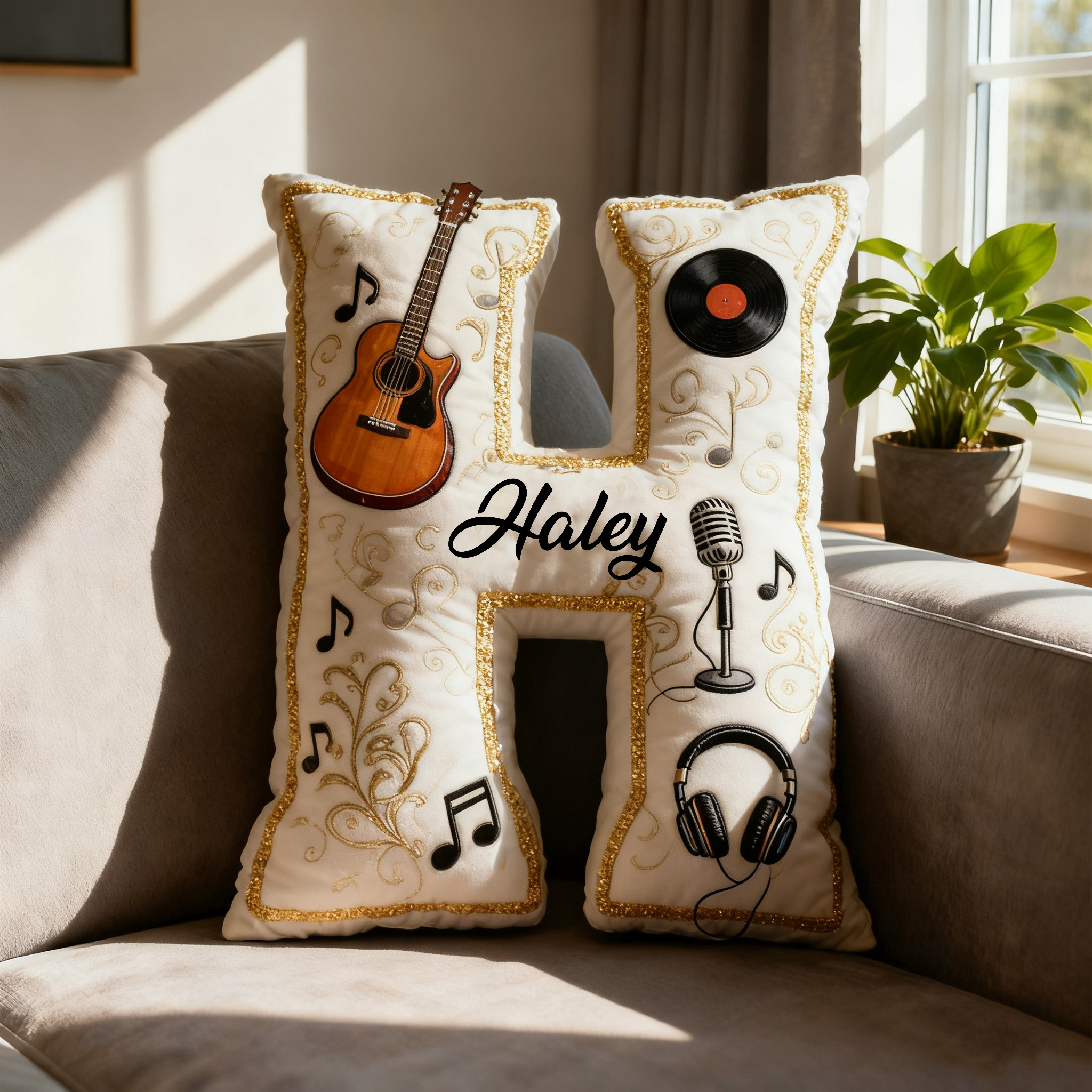Personalized Graphic 3D Print Vinyl Records and Guitars Pillow With Your Own Name Soft Stuffed Toy for Kids Music Lovers Unique Decorative Cushion for Room