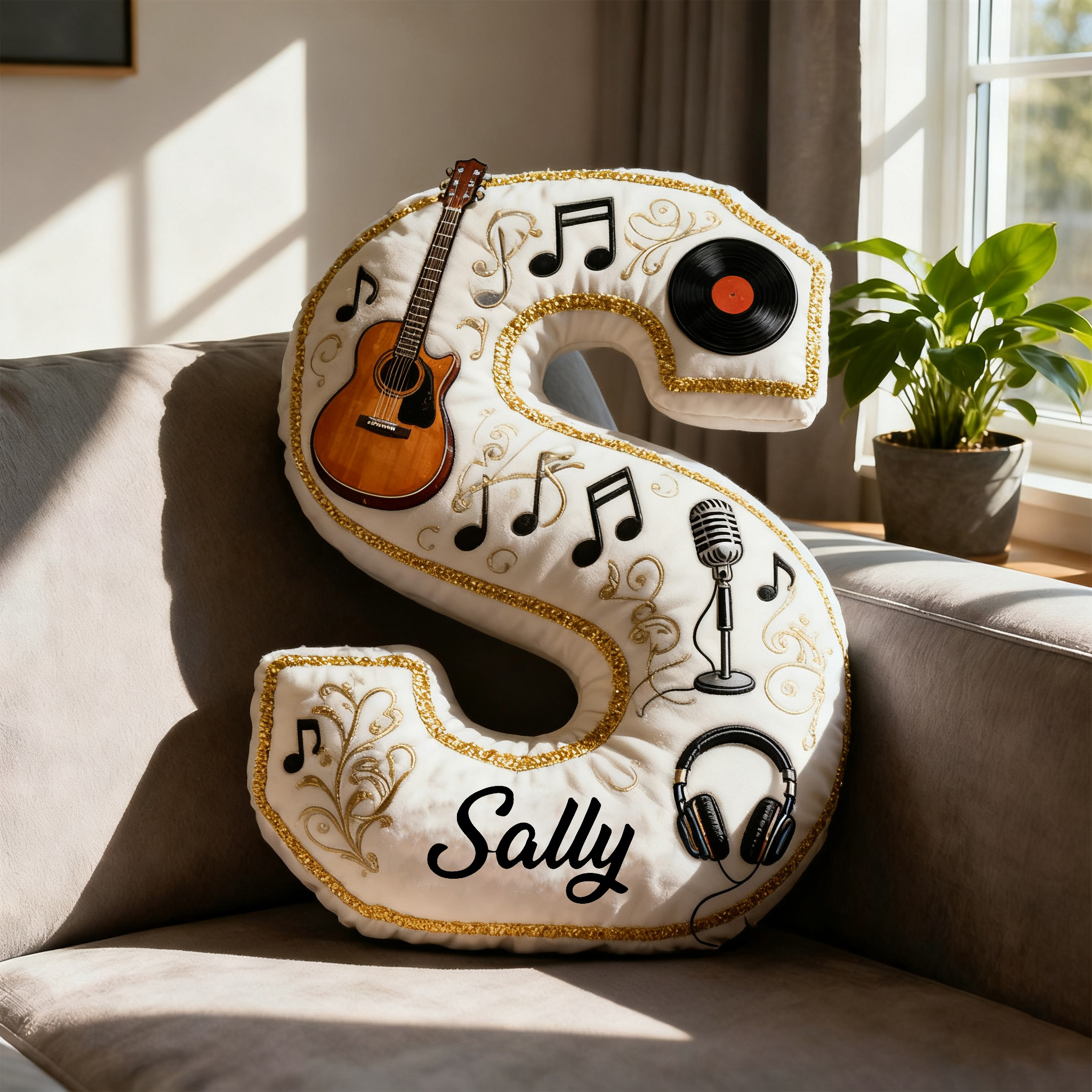 Personalized Graphic 3D Print Vinyl Records and Guitars Pillow With Your Own Name Soft Stuffed Toy for Kids Music Lovers Unique Decorative Cushion for Room