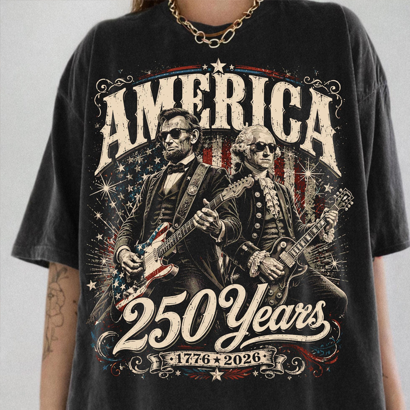 America 250 Years T-shirt Washington and Abraham Lincoln Guitars Patriotic 250th USA Anniversary Gift
