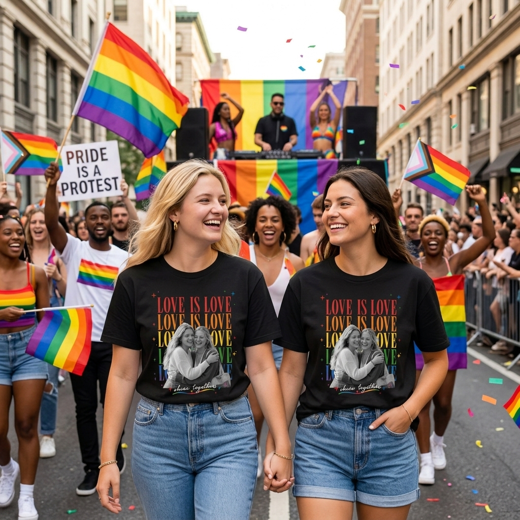Personalized Love Is Love T-shirt with Photo Pride Couple Shirt Custom LGBTQ+ Gift Custom Face Graphic Tee LGBTQ Amsterdam World Pride 25th Anniversary Equality Gift