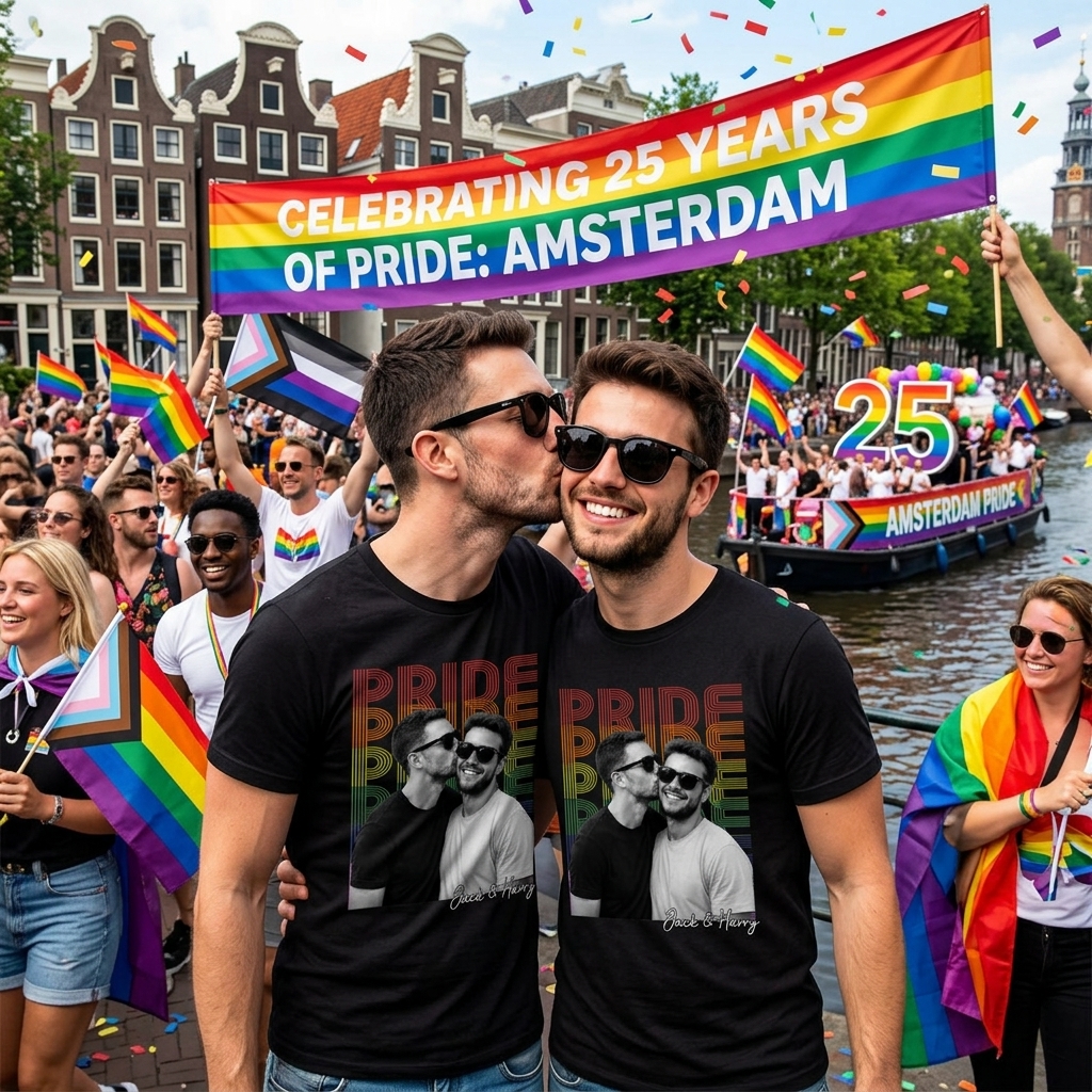 Personalized Pride Couple Shirt with Photo and Name Custom LGBTQ+ Gift Custom Face Graphic Tee LGBTQ Amsterdam World Pride 25th Anniversary Equality Gift