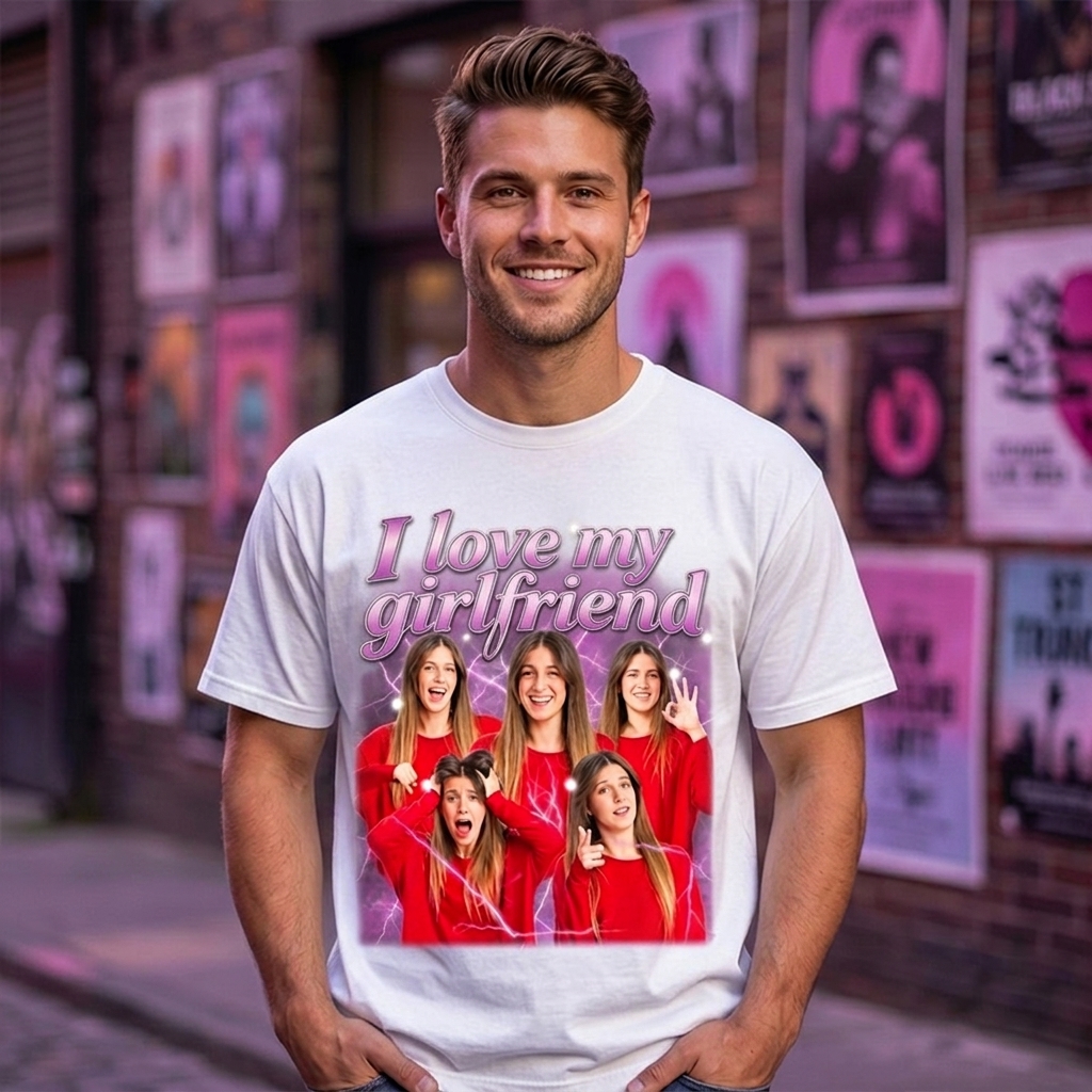Personalized I Love My Girlfriend Bootleg Style Classic T-Shirt Custom Text Boyfriend Photo Tee Couple Face Rap Style Shirt Valentine's Day Gift for Him Her
