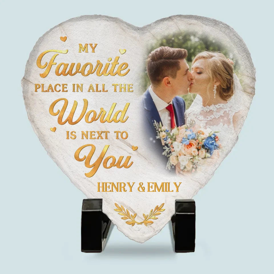 Personalized Couple Photo My Favorite Place in All the World is Next to You Heart Shaped Stone with Stand Christmas Valentines Day Gift for Him Her