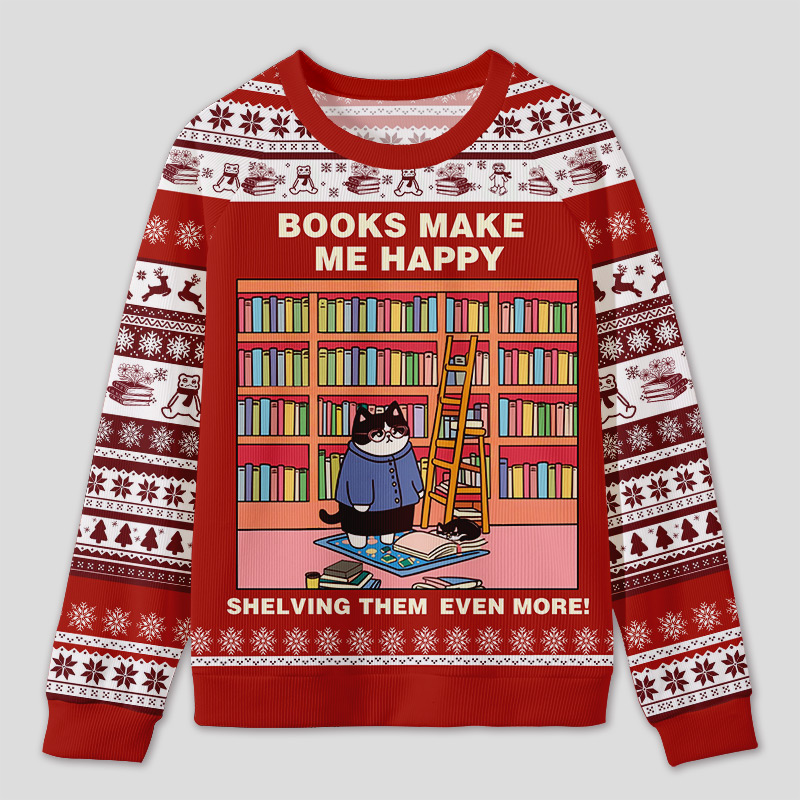 Personalized Hilarious Cat Rearranging Bookshelves Ugly Sweater Holiday Gift for Cat-Loving Book Loves