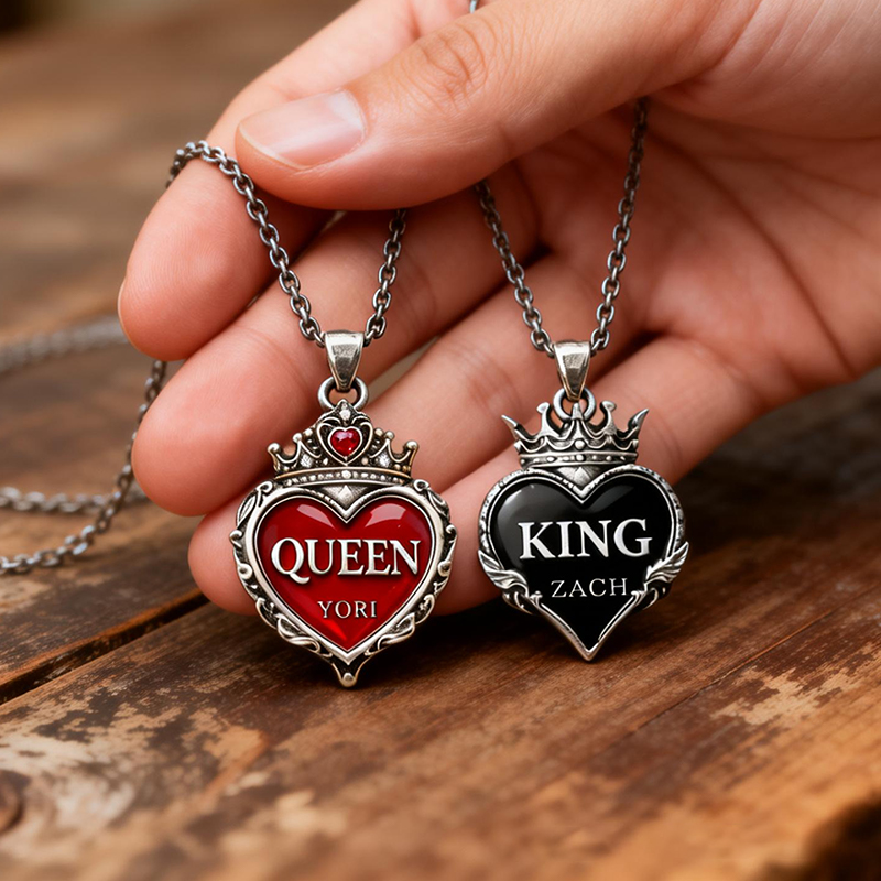 Personalized Couple Necklaces Vintage Royal Crown Heart King & Queen Engravable Name for Romantic Couples and Anniversary Celebrants