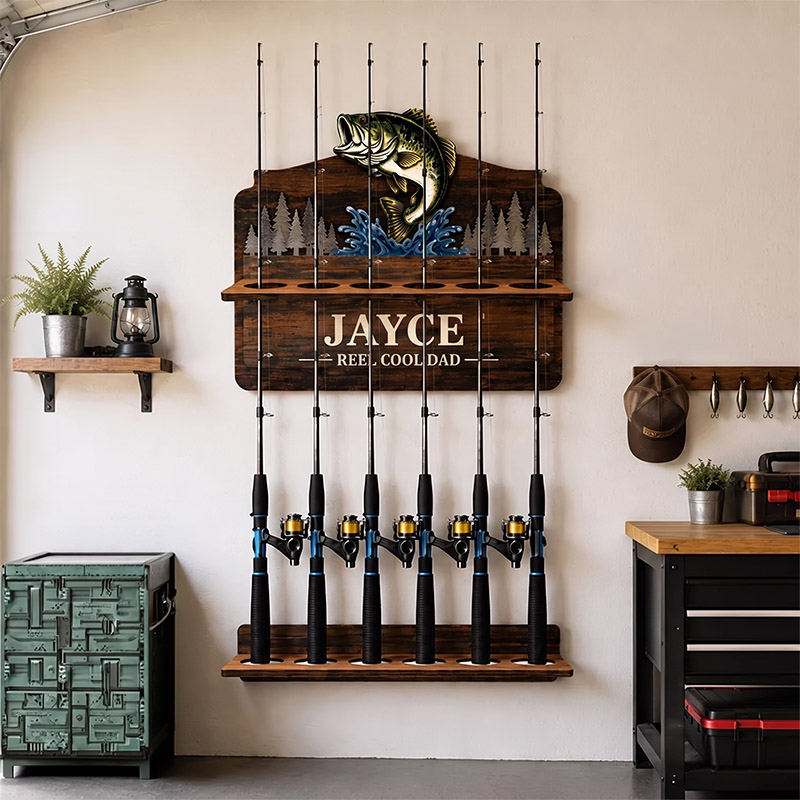 Personalized Reel Cool Dad Fishing Rod Holder Custom Angler Gift for Dad Wooden Fishing Pole Organizer Fisherman Wall Decor Bass Fishing Station Sign