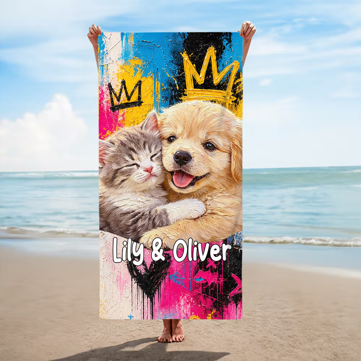 Personalized Oil Painting Pet Photo Beach Towel with Name Birthday Housewarming Gift for Pet Owners
