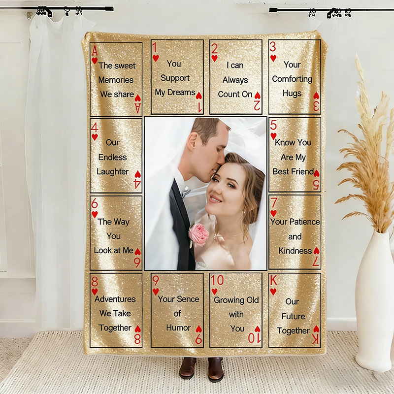 Personalized 12 Reasons Why I Love You Blanket Custom Photo Couple Blanket Gift Play Card Couple Blanket