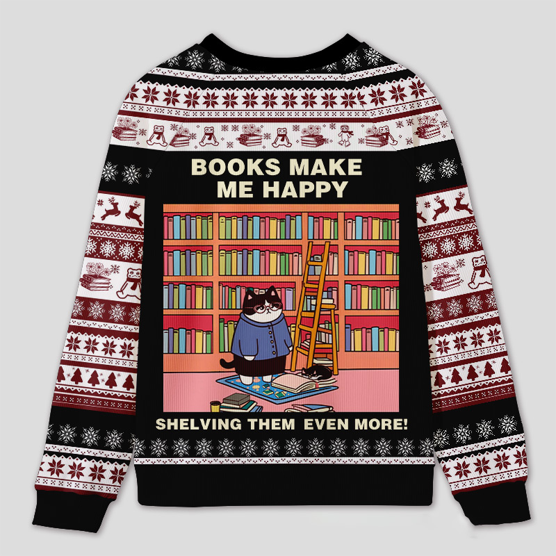 Personalized Hilarious Cat Rearranging Bookshelves Ugly Sweater Holiday Gift for Cat-Loving Book Loves