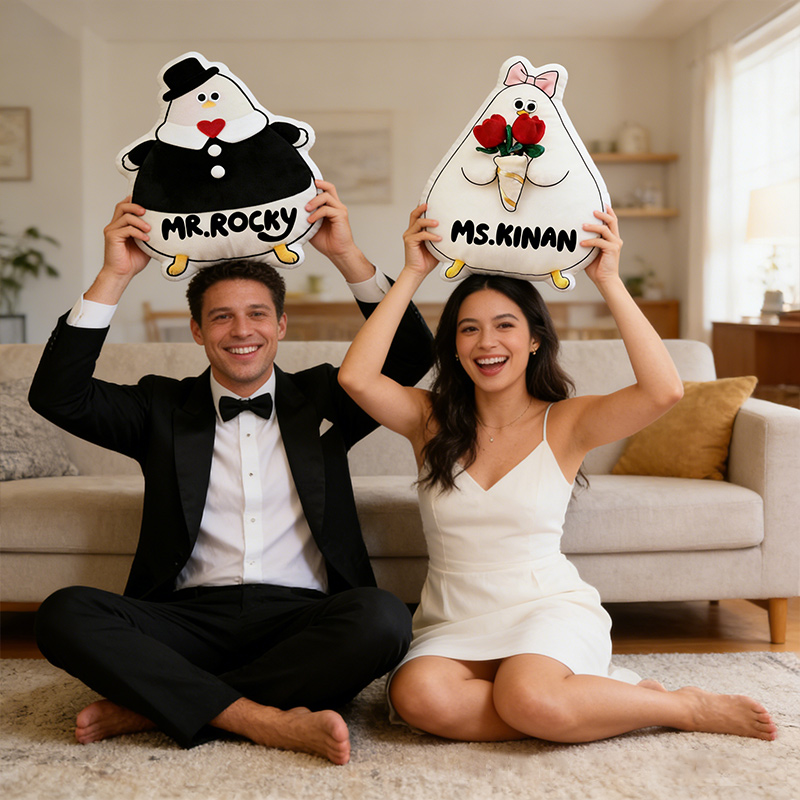 Personalized Cartoon Seagull Couple Throw Pillow Mr. Seagull & Miss Tulip Plush Home Decor Gift for Couples