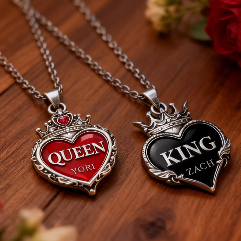 Personalized Couple Necklaces Vintage Royal Crown Heart King & Queen Engravable Name for Romantic Couples and Anniversary Celebrants