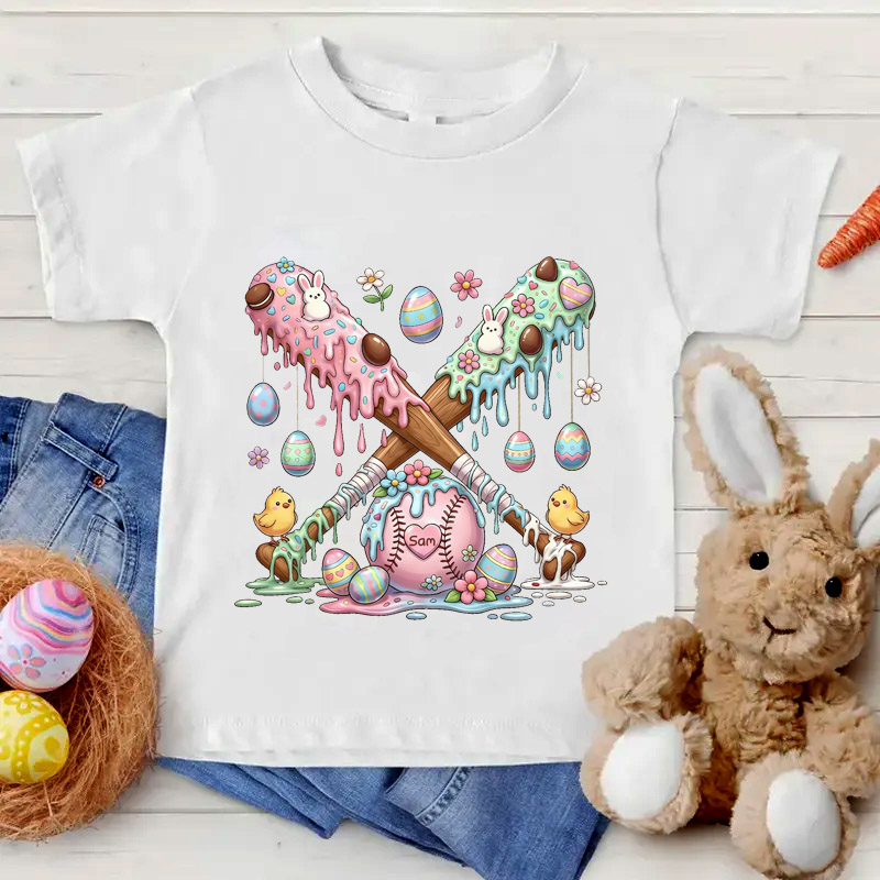 Personalized Easter Baseball Kids T-Shirt Bunny Chick Easter Eggs with Custom Name