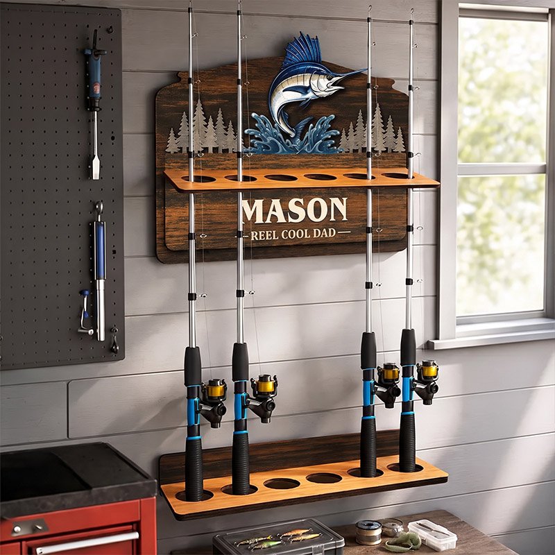 Personalized Reel Cool Dad Fishing Rod Holder Custom Angler Gift for Dad Wooden Fishing Pole Organizer Fisherman Wall Decor Bass Fishing Station Sign